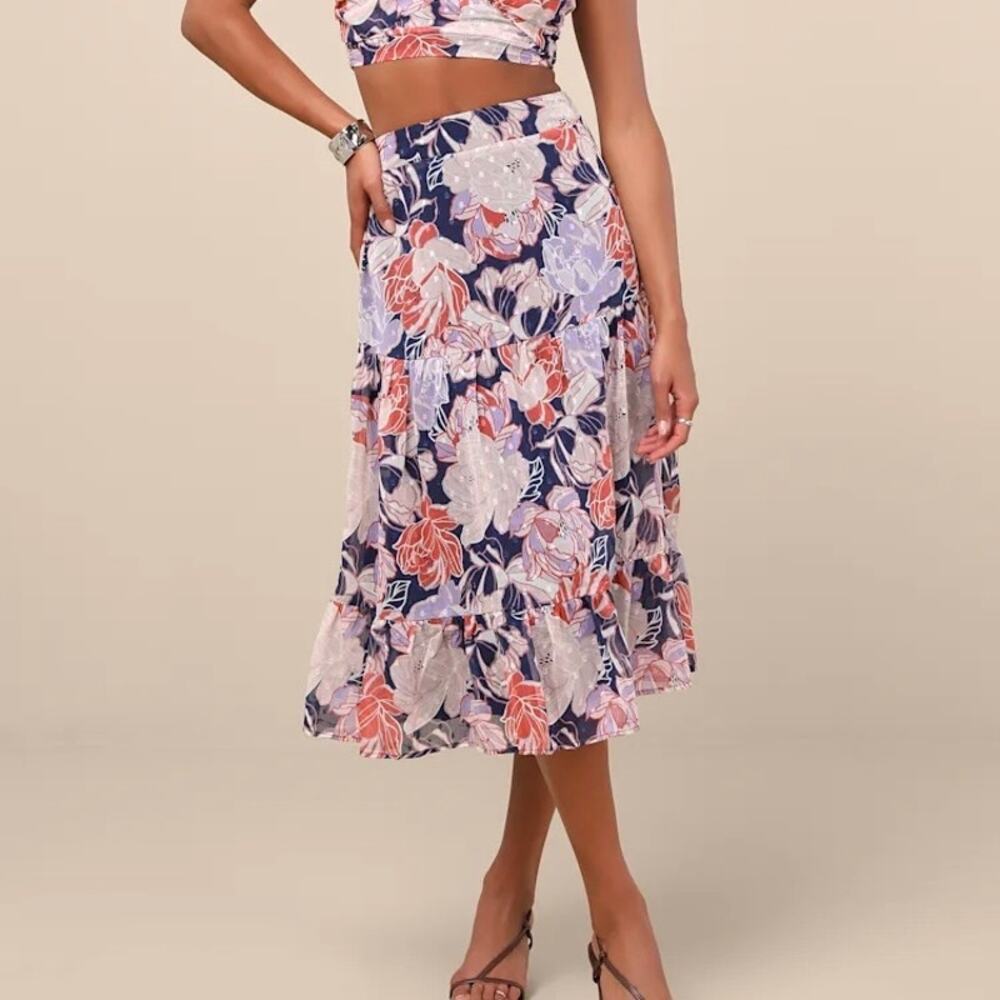 LULUS Floating Through Flowers Multi Floral Midi Skirt Large L